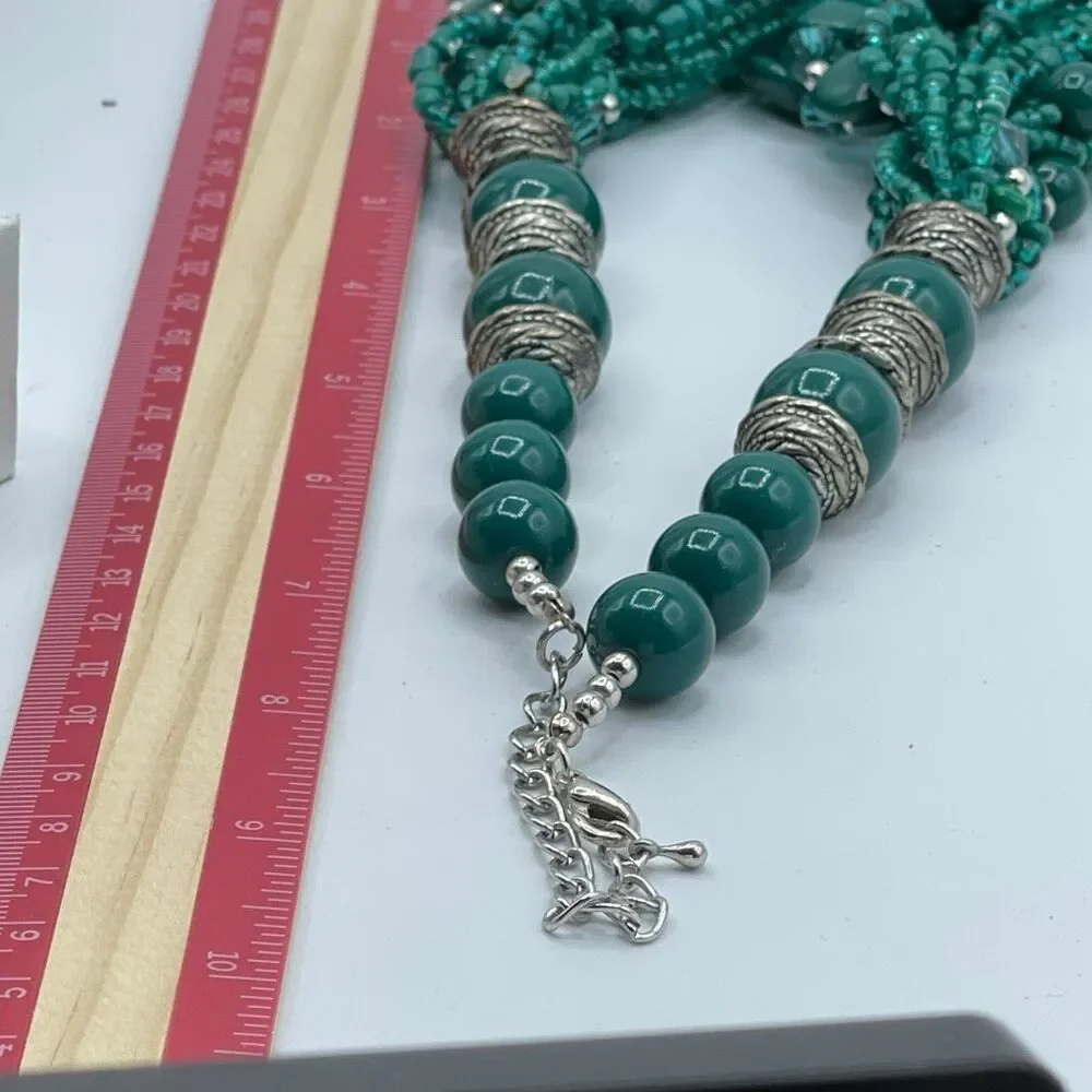 Vintage boho festival green silver multi layer necklace.